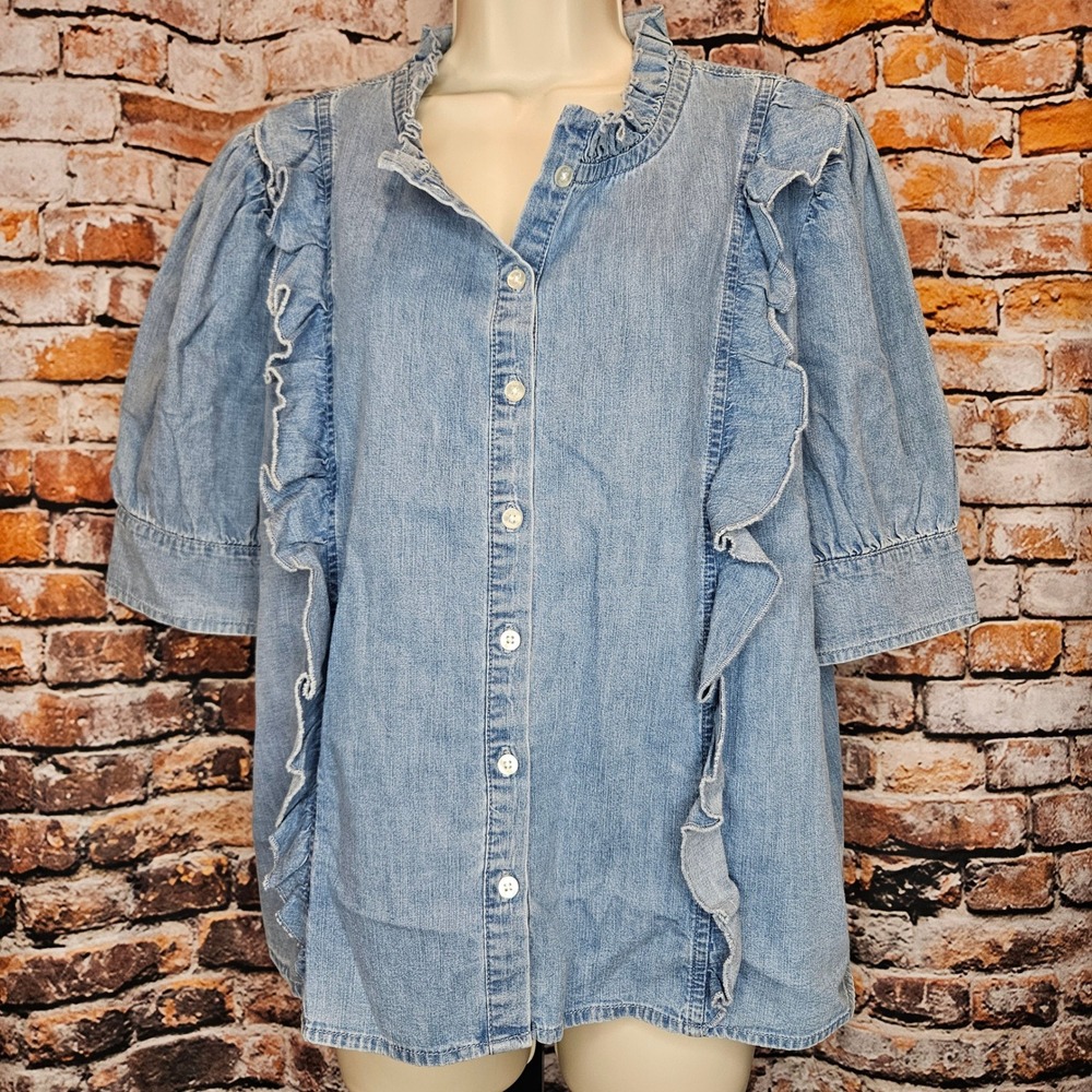 Sam Edelman Alice Ruffled Button Down Denim Blouse Puff-Sleeve Aegean Blue XL
